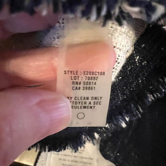 EUC Women's Elie Tahari Navy White Linen Blend Woven Fringe Jacket Size SMALL - Picture 9 of 10